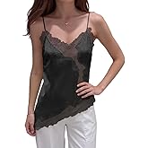 Fuimsul Women Sexy Spaghetti Strap Lace Trim Satin Tank Top Y2k Solid V Neck Backless Asymmetrical Hem Silk Cami Shirt