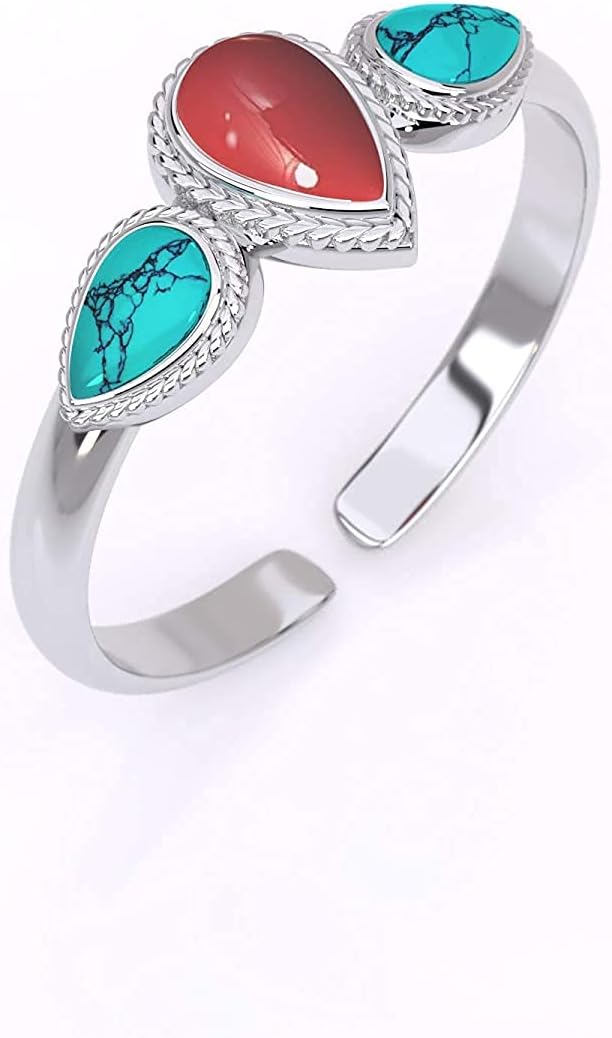 Umanative DesignBoho Sterling Silver Ring With Red Coral and Turquoise Stones, Open and Adjustable Tribal Oval Stone Ring, Hippie Ethnic Handmade Natural Stone Ring, Unisex Indian Jewelry For men and women