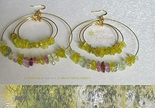 GemsBeautique Sparkling Chartreuse Serpentine &amp; Translucent Flourite Triple Gold Hoops 3" Earrings. Unique Statement Large Hoops. Genuine Gemstone.