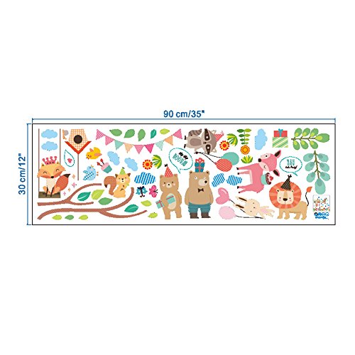 BIBITIME Animal Party Wall Decal Squirrel Bear on Tree Swing Queen Fox Balloon Raccoon Flag Branches Birdcage Butterfly Plant Flower Cake Deer Gifts Lion Heart Rabbit Vinyl Sticker for Nursery Bedroom