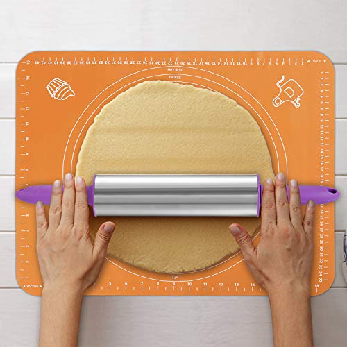 Rolling Pin, Stainless Steel Dough Roller, Pastry Mat, Dough Cutter Set for Baking, Cooking Cookie, Pie, Pasta, Pizza (3 Pieces)