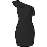 EXARUS Girls Bodycon Dress Teen Ruffle Trim Off/One Shoulder Formal Ruched Sleeveless Tight Mini Flounce Dresses Dance