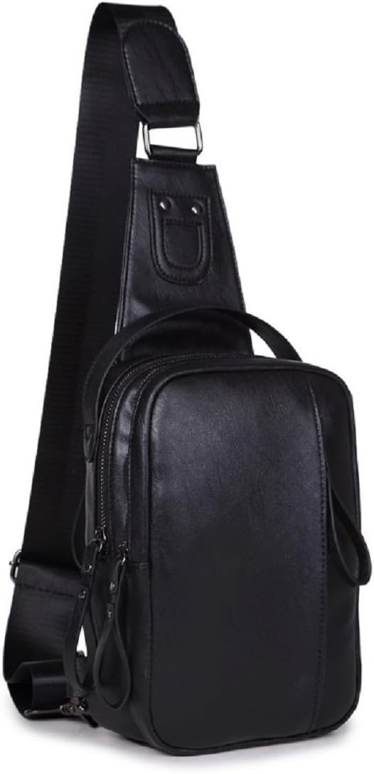 SOBRES Chest Bag Shoulder Crossbody Bags Men Soft Leather (Black)