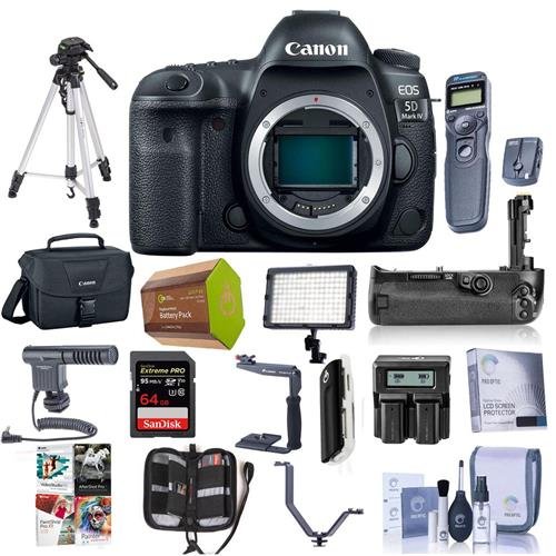 Canon EOS 5D Mark IV DSLR Body Log - Bundle with 64GB U3 SDXC Card, Camera Case, Tripod, Spare Battery, Battery Grip, Video Light, Shotgun Mic Software Package and More
