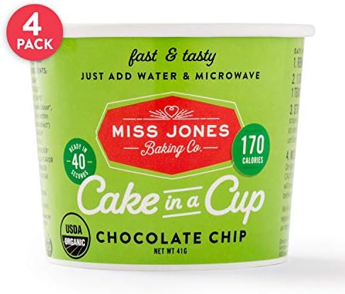 Miss Jones Baking Organic Cake In A Cup, Microwave in Under a Minute, Quick Mix, Less Mess Than a Mug: Chocolate Chip (Pack of 4)