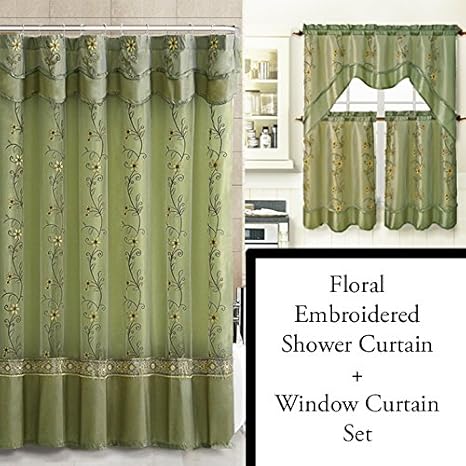 Amazon Com Sage Green Shower Curtain And 3 Pc Window Curtain Set