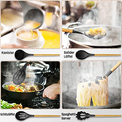 10 Stück Silikon Küchenhelfer Set, Hitzebeständig Küchenutensilien BPA Antihaft Hitzebeständiger Holzgriff Schaber Silikonspatel Set Küchenbackwerkzeuge (Schwarz)