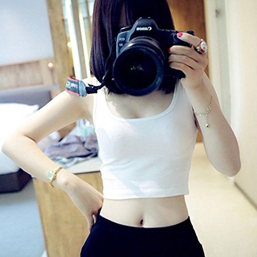AIMTOPPY Women Tight Crop Top Skinny O-Neck T-Shirts Sports Dance Short Vest (L, White)
