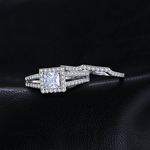 JewelryPalace Wedding Rings Halo Solitaire Engagement Rings For Women Anniversary Promise Ring Bridal Sets 1.3ct Princess Cubic Zirconia 925 Sterling Silver Ring Sets Size 8