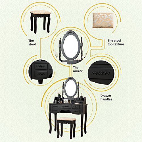 Fineboard FB-VT03-BKV Stool & Mirror Makeup 7 Organization Drawers Single Oval Mirror Make Up Vanity Table Set, Black