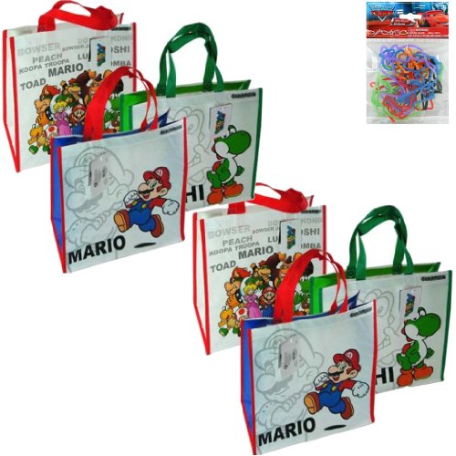 6-pack Super Mario Bros & Friends Tote Bag Set - 6 Super Mario, Friends & Yoshi (3 Different Styles - 2 of Each Style) Non Woven Waterproof Reusable Tote Bags (13.5 in x 14.5 in 5.5 in) For Kids PLUS Bonus Pack of Silly Bandz - Great Mario Party Supplies and Favors for Kids