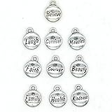 100PCS 10 Words Inspirational Charms Collection, Silver Tone Round Charm Pendants, Vintage Jewelry Supply Lot, C37