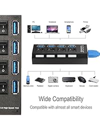 USB 3.0 Hub, Gyges 4 Port Hub USB 3.0 SuperSpeed Individual Interruptor de encendido apagado con 5 Gbps velocidad de transferencia para Apple MacBook Air, Pro, iPad Portátil, carga, Negro