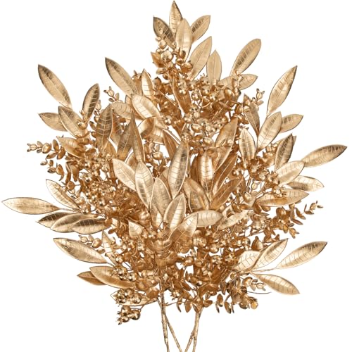 Photo 1 of DILATATA 5 Pcs Fake Leaves Plants for Christmas Decor 20 Inch Metallic Gold Artificial Eucalyptus Bushes Bay Leaves and Berries Stem for Holiday Party Decor Christmas Mantle Garland Wreath - Gold