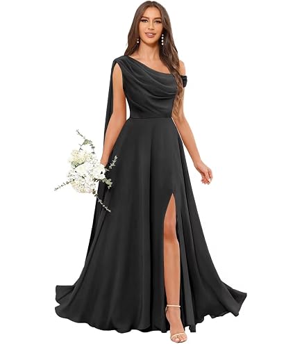 Amazon.com: One Shoulder Chiffon Bridesmaid Dress, Blush Pink, Lace Applique Detail, Ruched Waist with Side Slit : Clothing, Shoes & Jewelry