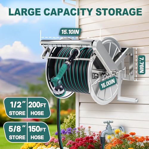 Stainless Steel Garden Hose Reel Heavy Duty, Wall Mount Water Hose Holder, 150 Feet of 5/8 Inch Hoses Capacity, Hose Reels with 5 ft Inlet Hose for Outside, Lawn, Yard, Garage