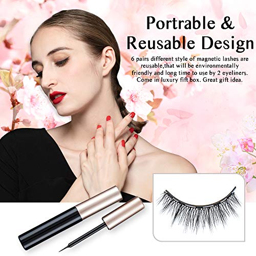 Magnetic Eyelashes with Eyeliner, WanderLand 6 Pairs Upgraded Magnetic lashes Kit, Upgraded 3D Magnetic Eyeliner and Magnetic Eyelash Kit - No Glue Needed