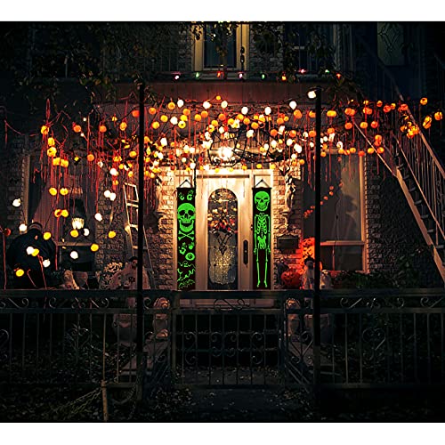 2021 Luminous Halloween Porch Sign for Frontdoor Window Deocration Thrilling Banner with Glowing Green Skeleton at Night Add Terrorist Atmosphere Party Yard Sign 11.8X70.8 Inch