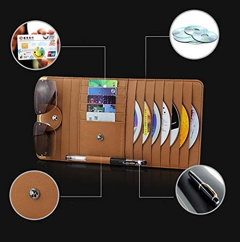 Genuine Leather 10 PocketS Car Sun Visor CD DVD Organizer , Car Sun Visor Storage,CD Holder,CD Visor Organizer For Car with Glasses and Pen Holder (Beige) - Thumbnail 6