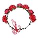 June Bloomy Women Rose Floral Crown Hair Wreath Leave Flower Headband with Adjustable Ribbon (Red)