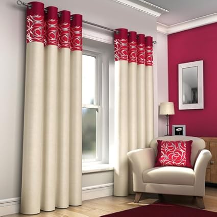 Ring Top Fully Lined Pair Eyelet Ready Made Curtains Red Black