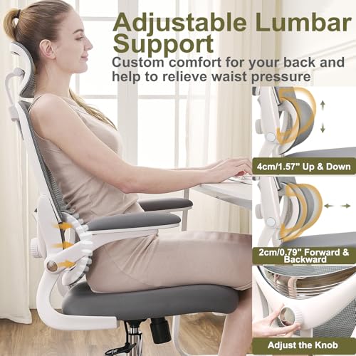 TONFARY Ergonomic Home Office Chair, High Back Mesh Desk Chair with Adjustable Lumbar Support, Flip-up Armrest, Removable Headrest, Swivel Computer Gaming Chair, Space Saving, 150KG (White+Grey)