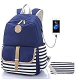 Sqoto Teens Backpack, Canvas Girls Bookbag with USB Charger Port and Pencil Case Striped School Backacpk Teens Laptop Bag for 14 Inch Laptop Travel Daypack Rucksack Student Bag, Blue