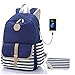 Sqodok Canvas Backpack, 14 Inch School Backpack Laptop Bag with USB Charger Port, Striped Travel Daypack School Bookbag for Women, Blue