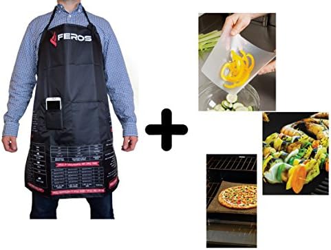 FEROS KIT - (4 Items!) FEROS Cheat Sheet BBQ Apron + 3 Pack Set of Mats -- Mesh Oven Mat, Grill Mat, Cutting Mat