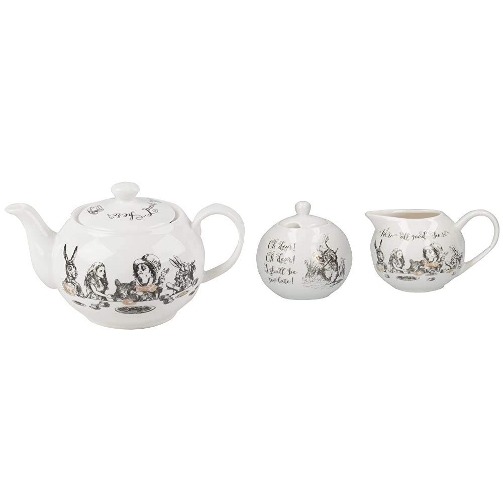 V&A Alice in Wonderland Mini Teapot, 450ml (16 fl oz) & V&A Alice in Wonderland Fine China Milk Jug and Sugar Bowl Set with Decorative Illustrations (2 Pieces) - White