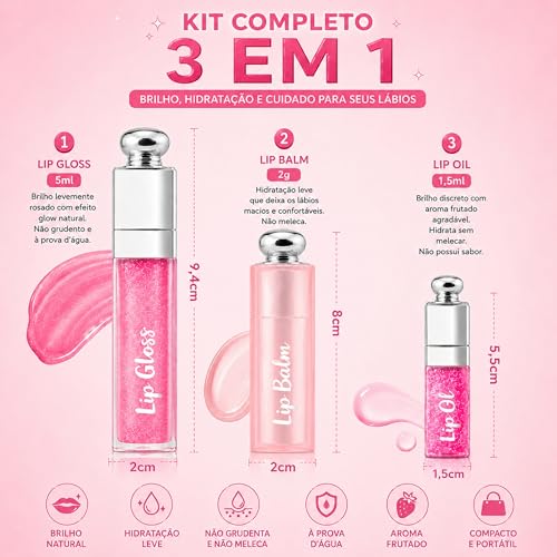 Kit Lip Gloss + Lip Balm + mini Lip Oil 3 em 1 Rosa | Brilho Labial com Glow Natural e Hidratação | Não Grudento | Aroma Frutado | À Prova D’Água