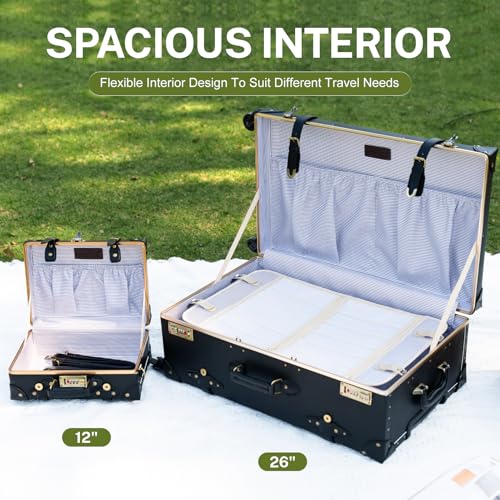 urecity Vintage Travel Suitcase Set with Digital Lock Luxury Cute Retro Cabin Luggage Sets 4 Wheels Suitcase (Black, S(12")+L(26"))