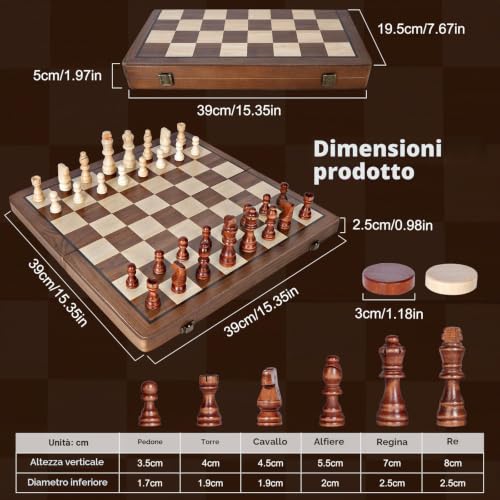 Wooden Chess Board, 2 in 1 Magnetic Chess Board, 39 x 39 cm, Professional Folding Portable Chess Board and Magnetic Checkerboard with Storage Bag, Checkers for Children and Adults Parties