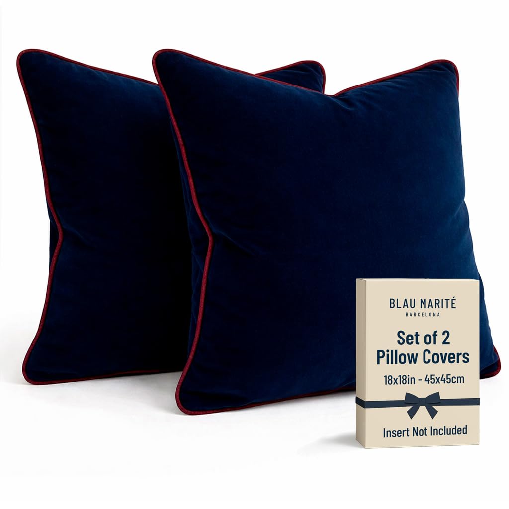 Blau Marité Set of 2 Velvet Throw Pillow Covers with Contrast Piping, Soft Decorative Cushion Covers, Navy Blue and Burgundy, 18"x18" (45x45 cm).