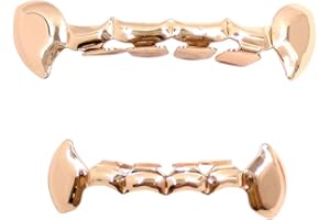 TSANLY 24K Gold Plated Grillz Vampire Fangs Grill Top & Bottom Hip Hop Mouth Teeth Caps For Gift + Extra Molding Bars + Microfiber Cloth