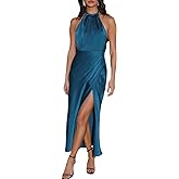 BEOVR 2026 Summer Satin Halter Neck Backless Slit Midi Dresses Elegant Cowl Back Ruched Wedding Guest Maxi Dress for Women