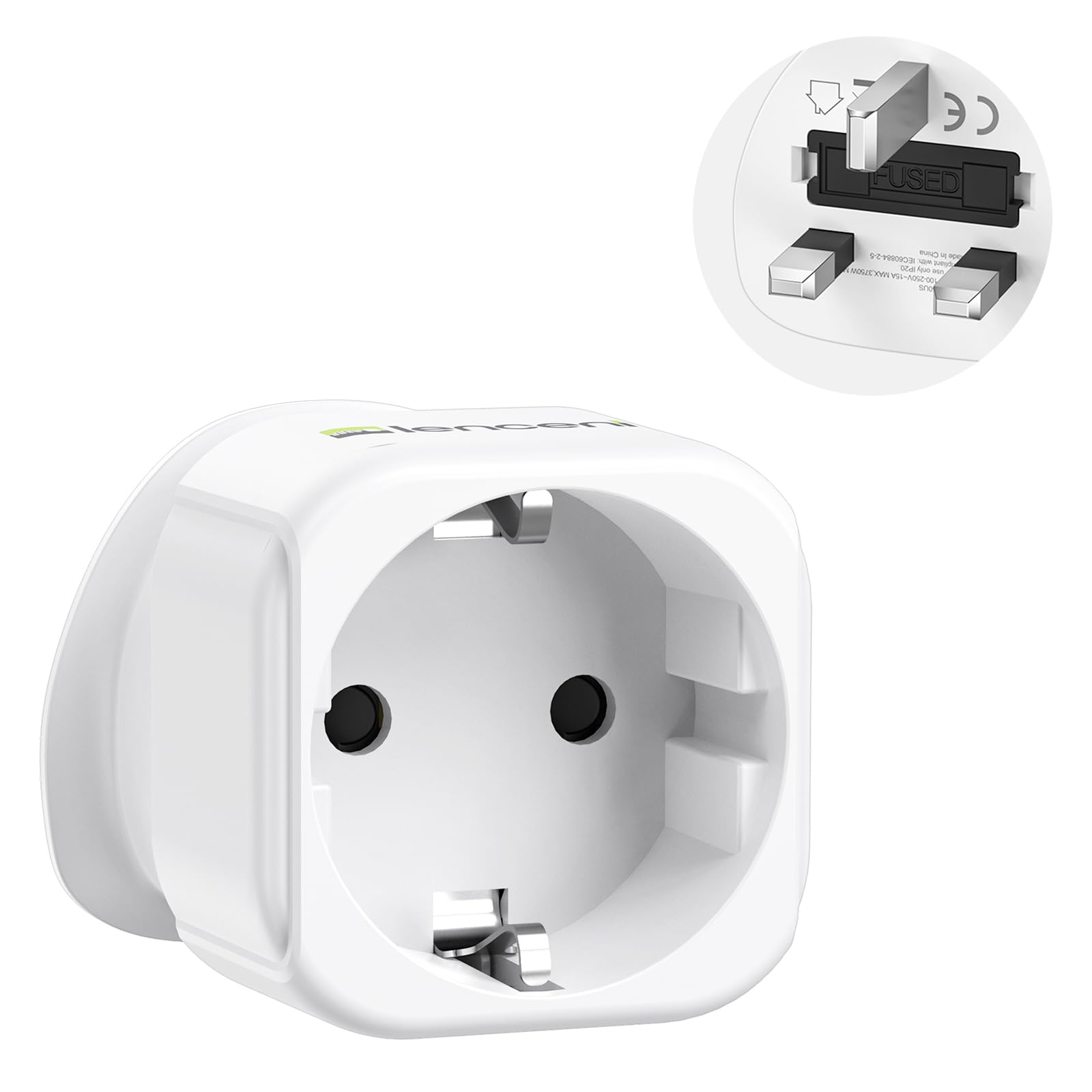 LENCENT EU to UK Plug Adapter, Europe Schuko 2 Pin to 3 Pin UK Travel Adaptor, European Euro to British Adapter- 1 Pack, White