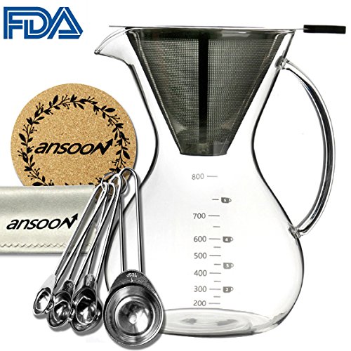 Click Here to See More Images Ansoon Pour Over Coffee Maker, Pour Over Coffer Dripper and Coffee Scoop Set, Coffee Glass Filter Pot, French Press with Permanent Stainless Steel Mesh Filter (800 ml/27 oz, 2-5 + cups)