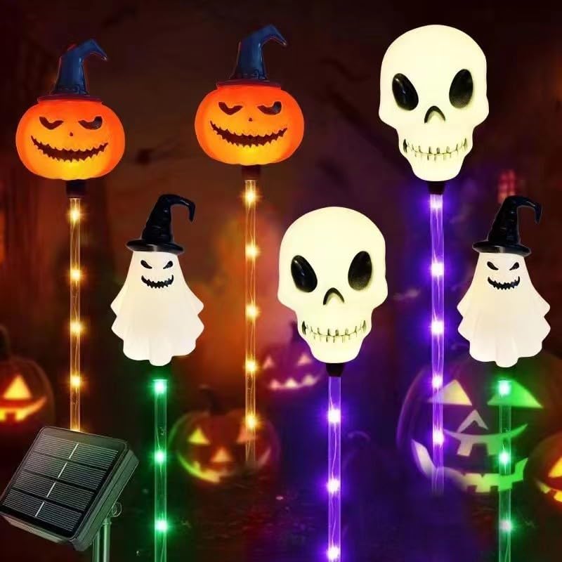 YZYOE 6 Pack LED Outdoor Solar Ground Insertion Colored Pumpkin Ghost Head Lights, Waterproof Solar Courtyard Decoration Halloween Lights, with 8 Modes of Colorful.