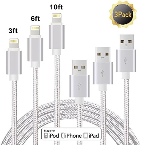 Lightning Cable Nylon Braided Sync and Charging Cable Fast charging Cable 3 pack [ 3 6 10ft] USB to Lightning Cord for Apple iPhone 7/7 Plus/6s plus/6s/6/ 6 plus/5s/5c/5/5 SE, iPad Mini air /iPod