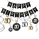 50th Birthday Decorations Kit- Gold Glitter Happy Birthday Banner & Sparkling Celebration 50 Hanging Swirls-50th Anniversary Decorations