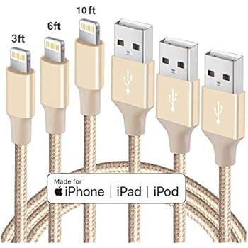 iPhone Cable MFI CertifiedLightning Cable 3Pack 3ft 6ft 10ft Long Nylon Braided Cord PCLOCS iPhone Fast Charging Cable Compatible with iPhone Xs/Max/XR/8 /8Plus/ 7 /7Plus/6/6s/iPad Pro Air2, Gold