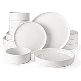 Famiware Nebula Dinnerware Set with Pasta Bowls, Service for 4 (16pcs), Fine Stoneware Plates and Bowls Sets, Microwave and Dishwasher Safe Dishes Set, White