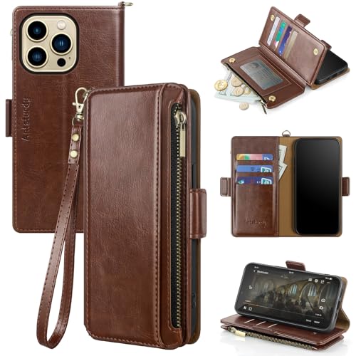 Antsturdy Compatible with iPhone 13 Pro Max Wallet Case,RFID Blocking PU Leather Phone Case Women Men Kickstand Flip Cover Wrist Strap Zipper Credit Card Holder Slots for Apple 13 Pro Max,Brown