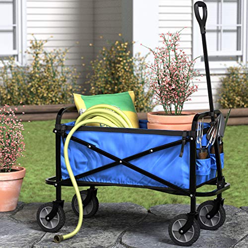 AMAZON BASICS COLLAPSIBLE HEAVY DUTY UTILITY WAGON FOR OUTDOOR SPORTS, CAMPING, GARDEN, AND SHOPPING, VERSATILE, EASY TO STORE, 265 POUNDS CAPACITY, 27.6 X 40.9 X 20 INCHES, BLUE