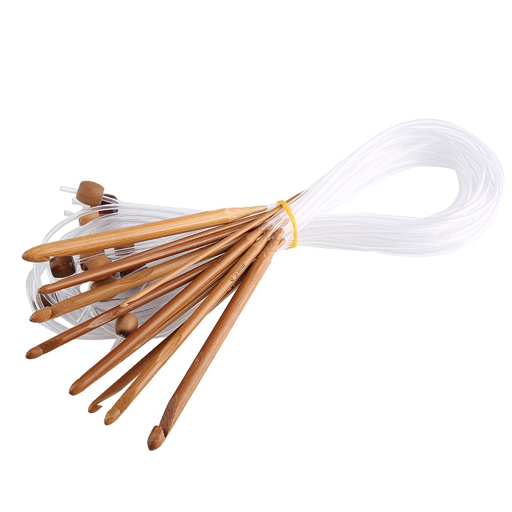 Afghan Crochet Hooks, 12pcs Carbonized BambooTunisian Crochet Hooks High Flexibility Plastic Cable for12 Different Sizes