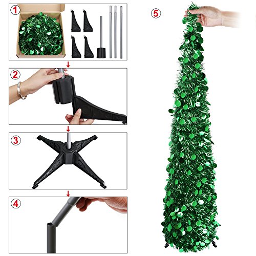 AerWo 5ft Pop Up Christmas Tinsel Tree with Stand, Collapsible