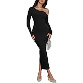 Yousify Womens One Shoulder Long Sleeve Party Dresses Back Slit Bodycon Cocktail Party Dress