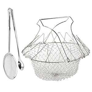 Fry Basket Kitchen Frying Basket with Colander Clip and A Small Dishcloth Foldable 304 Stainless Steel Kitchen Craft Chip Fryer Basket Steam Rinse Strain Frying Basket Strainer Net Kitchen Tools for Chips Fried