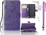 Samsung Galaxy S4 Mini Case, Bonice 3 in 1 Accessory PU Leather Magnetic Snap Wallet Case with [Card Slots] [Hand Strip] Premium Cover + Stylus Pen + Diamond Rhinestone Butterfly Antidust Plug, Purple